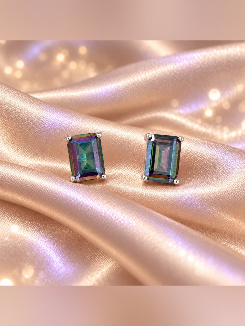 925 Sterling Silver Emerald Cut Genuine Mystic Topaz Stud Earrings